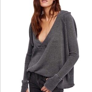 Free People Deep V Long Sleeve Top - Charcoal Gray
